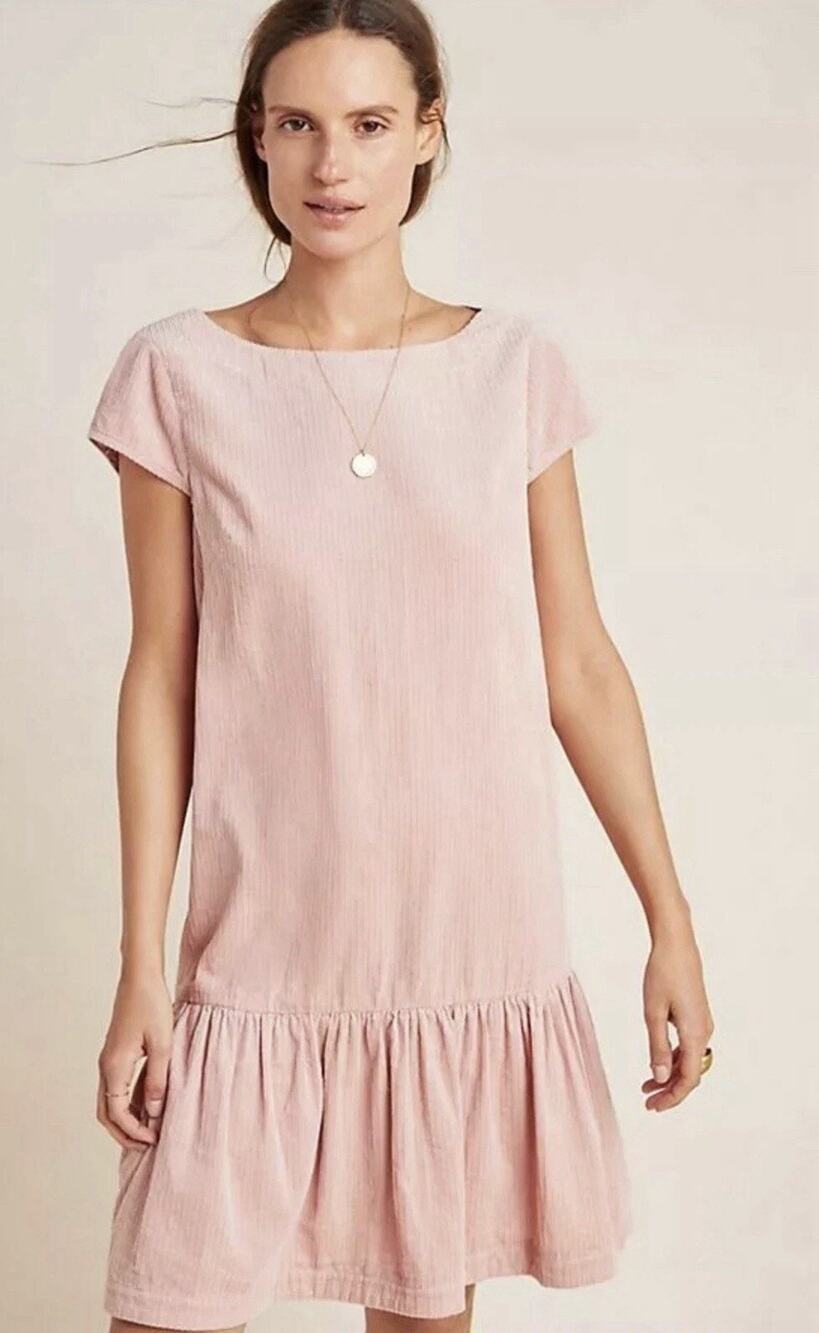 Maeve Anthropologie Tessa Flounced Corduroy Shift Dress Size 14 Pink Drop Waist